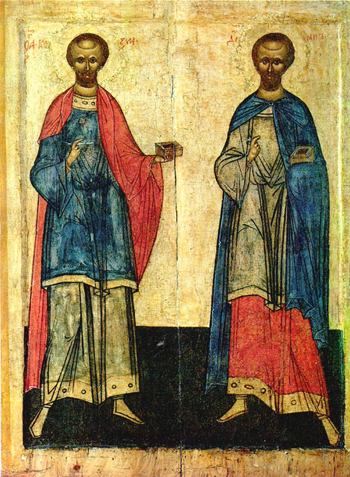 Бессребреники Косьма и Дамиан. Икона из Рязанского кремля, XVI в.